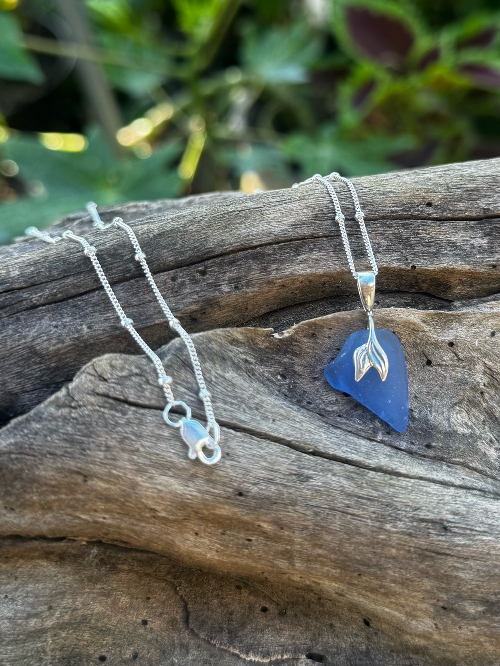 Drilled Sea glass Handmade whale mermaid tail bail 925 sterling silver necklace